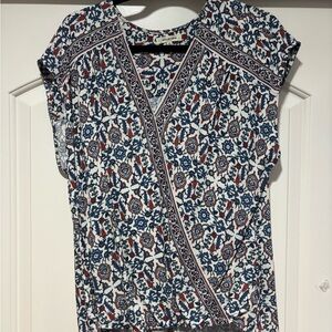 Max Studio Blue and Red Patterned Blouse with Patterned Trim; Short Sleeve